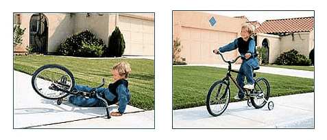 Učenie sa jazdiť na bycikli je častokrát príliš strmý gradient pre dieťa. Ale pomocné kolieska mu umožnia urobiť pokrok. Toto je správny gradient.